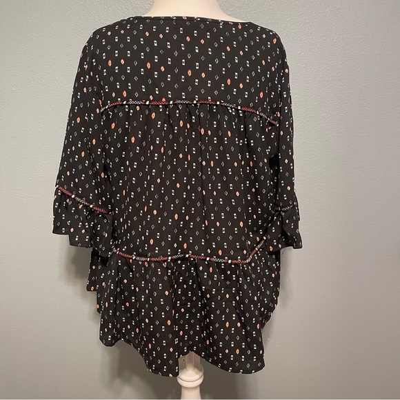 Star Scene Black Floral Peasant‎ Blouse Ruffle Sleeves Boho Cottagecore Size L - Picture 2 of 13